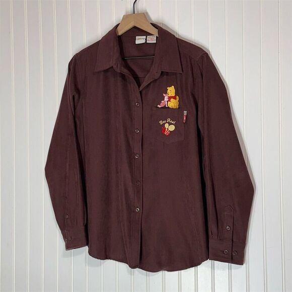 Vintage Disney Winnie the Pooh Shirt L Brown Button Down Embroidered Piglet Bee - Picture 1 of 9